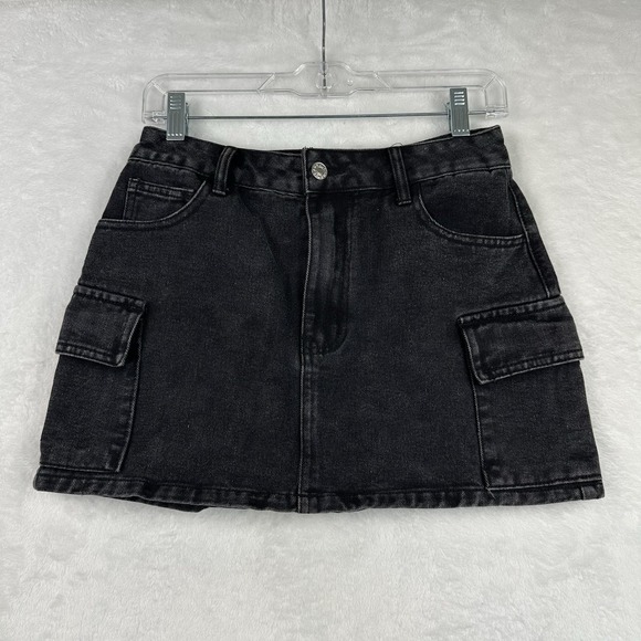 Shein Womens Black Washed Denim Skirt Small 4 Side Cargo Pockets‎ - Picture 1 of 13